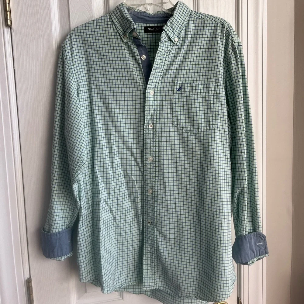 Nautica Long Sleeve Button Down Shirt Mens Medium Green Blue Plaid Check Coastal - Picture 1 of 11